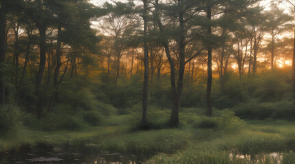 A serene forest at sunrise, Generative AI