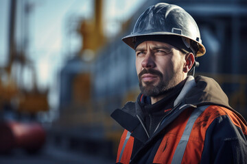 Portrait of man, oil gas refinery industry factory worker