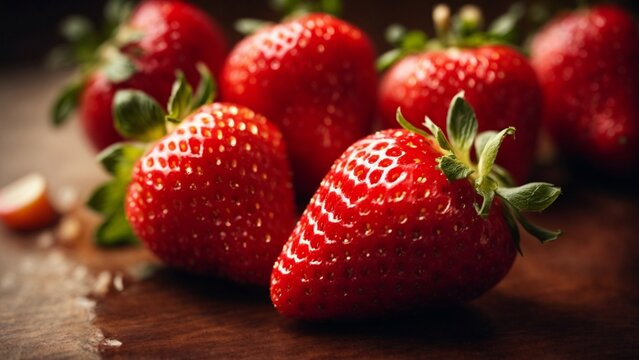 Close-up high-resolution image of big red strawberry. Generative AI.