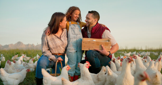 Parents, girl and hug with chicken, farm and happy with box for food, sustainability and talk in sunshine. Father, mother and daughter with poultry, countryside and environment with smile for birds