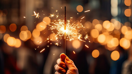 Celebration Spark, Hand with Sparkler in Bokeh