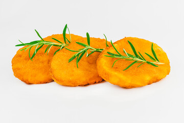 Breaded Chicken Inner Fillet, Chicken Breaded Raw Meat. Fast cooking.Breaded Chicken nuggets Fillet with salad on a White Background,food at home. Fast homemade food.Chicken breaded schnitzels.