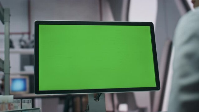 Green screen computer laboratory table close up. Scientist looking on mockup pc