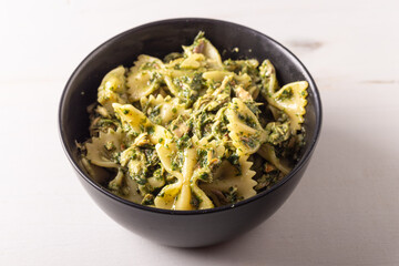 Mackerel pasta with basil. Balanced Mediterranean dish rich in omega 3.