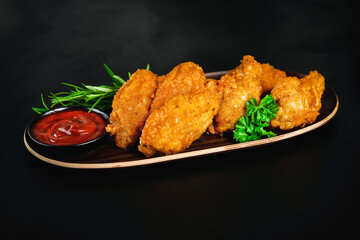 Chicken wings fried until half cooked, semi-finished product.Semi-finished chicken wings on a dark background . Half-finished. Quick cooking at home. Fast food. Breaded chicken wings.