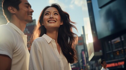 Happy asian couple on vacations in New York.