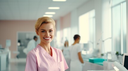 Fototapeta premium A young cheerful dentist, light pink outfit. Sympathetic look.