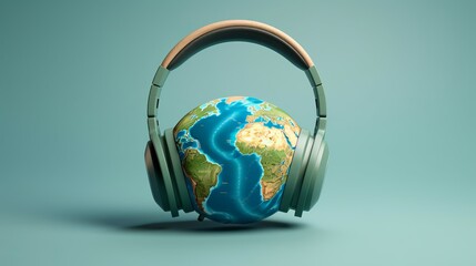 World song. Global music chart. Earth about earth climate and environment. The music of earth. Stereo headphones and a globe on a blue-pink pastel background. Top view - obrazy, fototapety, plakaty
