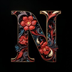 a wooden letter n with red flowers and beads on dark background