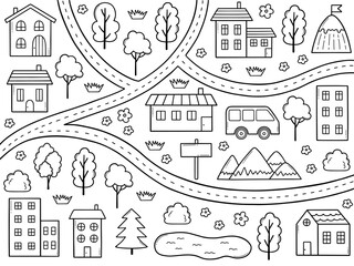 Kids town map doodle. City map with mountains, cars, forest, roads, house, river. Landscape for children in sketch style. Hand drawn vector illustration isolated on white background