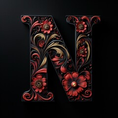 a wooden letter n with red flowers and beads on dark background