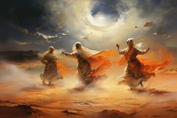 Whirling sand dervishes, harnessing the power of desert winds in mesmerizing dances - Generative AI - obrazy, fototapety, plakaty