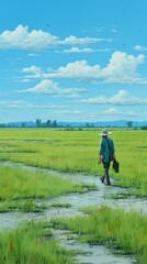 Man in a hat is walking in field UHD wallpaper