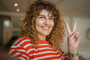 self Portrait of caucasian woman stand happy confident at cafe indoor