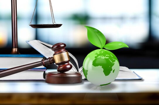 International Law. Green World and wooden gavel, AI generated image