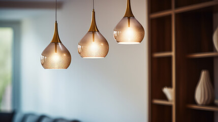 Close up of beautiful hanging lights in minimal interior living room. Banner wallpaper for lighting fixtures, lamps, chandeliers store.