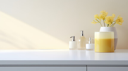 Empty product display table with Scandinavian style interior bathroom in background, copy space, showcase counter top for skin care cosmetics. 