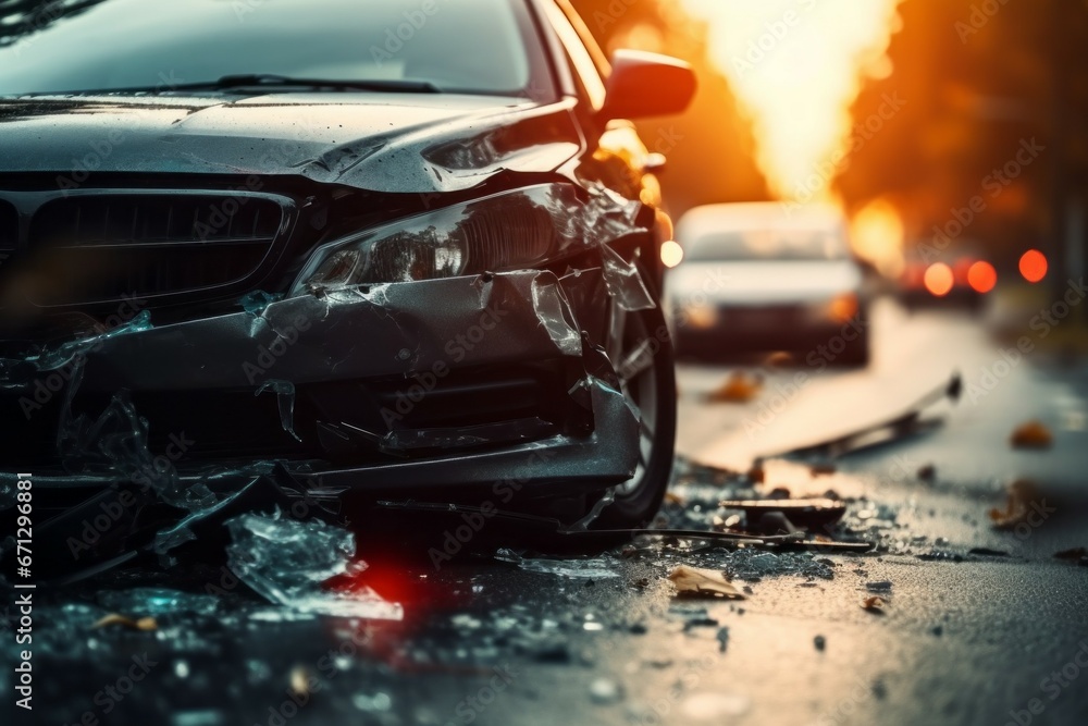 Poster broken car in an accident. crash on the road. background with selective focus and copy space