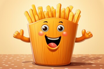 Cartoon character French fries. Illustration or drawing with selective focus and copy space