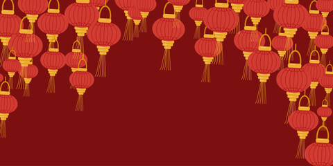 Background of Chinese lanterns. On top on a red background. Chinese New Year. Design website, banner, poster. Color vector illustration.
