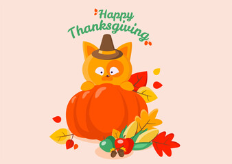 Happy Thanksgiving card in flat cartoon style with cat in pilgrim hat with harvest, pumpkin, apples, corn and fall leaves,  for Happy celebration, can be use as flyer, poster or banner
