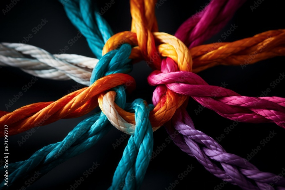 Poster different ropes are woven into a knot. teamwork concept. background with selective focus and copy sp