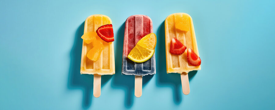 Horizontal summer banner. Blue, red, yellow ice cream on stick on blue background. Multicolored fresh fruit, blueberry, raspberry, mint, lemon and berry sweets. Sweet shop. Copyspace. Generative AI