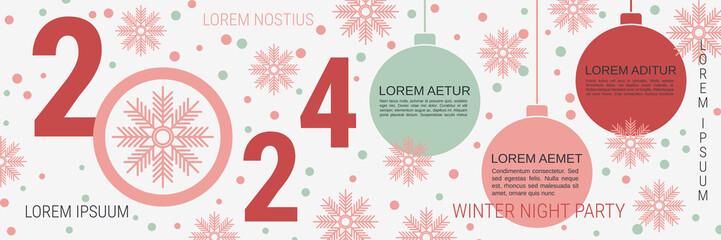 Merry Christmas and Happy New Year minimalistic style vector banner template. Flat design illustration with winter style elements