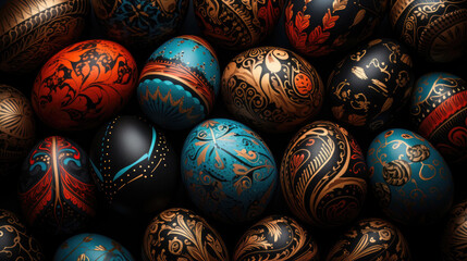 Set of Easter eggs with multicolored ethnic pattern. Red, gold, blue pattern on eggshell. Religious holiday concept. Gift for Happy Easter. Greeting card with copyspace for text. Colorful wallpaper - obrazy, fototapety, plakaty
