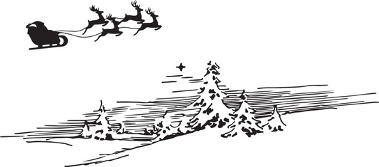 illustration of Santa Claus flying on his sleigh with forest background with Christmas trees