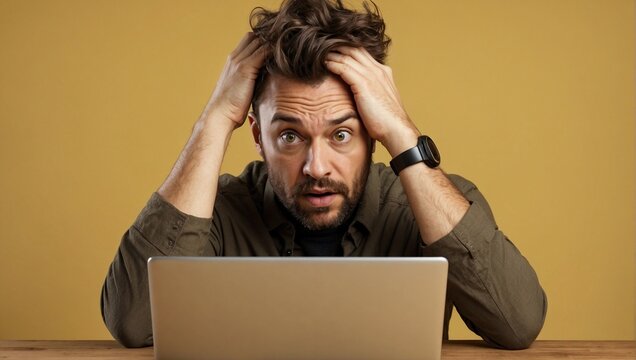 Confused and Disappointed Man Reading Email on Laptop Against Yellow Background