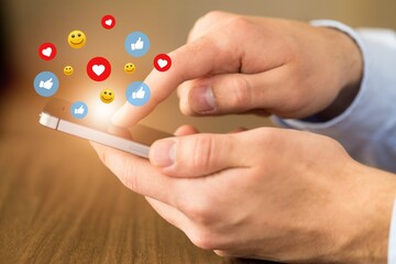 Young person hold smartphone with social images