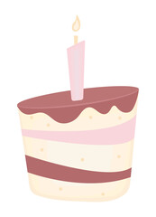 Appetizing color birthday cake with a candle, cute biscuit with cream and chocolate glaze