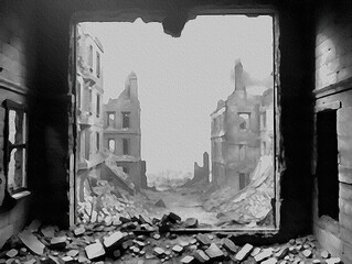 AI-generated minimalist, impressionist illustration of a war-torn town. MidJourney.