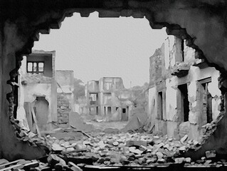 AI-generated minimalist, impressionist illustration of a war-torn town. MidJourney.