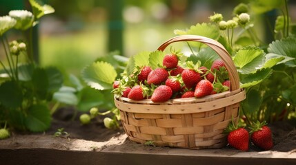 Fototapeta na wymiar Strawberries on a wooden basket in the garden, organic strawberries