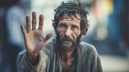 Fototapeta premium A man extends his palm to ask for things or money, a man begs for alms,