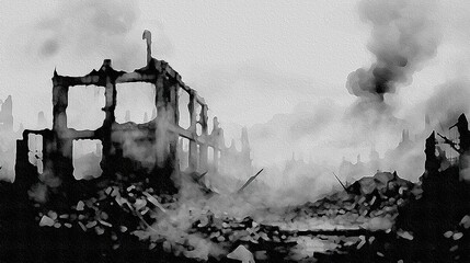 AI-generated minimalist, impressionist illustration of a war-torn town. MidJourney. - obrazy, fototapety, plakaty