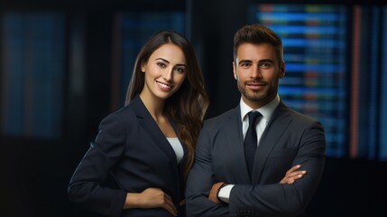 Business man and woman smiling happily with stock market background, businessman in uniform