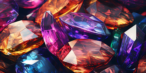 Seamless colorful diamond gemstones on dark jewels pattern assorted diamonds rubies emeralds digital illustration, Close up view of colorful diamond on blurry effect  - obrazy, fototapety, plakaty