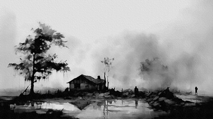 AI-generated minimalist, impressionist illustration of a war-torn village. MidJourney.