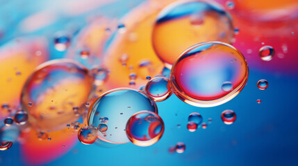 A close up of water droplets on a blue and yellow background - obrazy, fototapety, plakaty