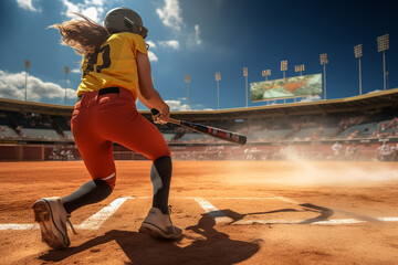 Softball Baseball. team sport with a ball, Fast pitch, Slow pitch, An energetic game of bat and ball, glove. Teamwork, sportsmanship, Entertainment on the outside - obrazy, fototapety, plakaty