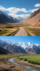 Panoramic view of lying mountain with river UHD wallpaper