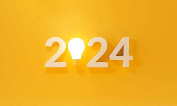 Bulb light with new year 2024 on yellow background.