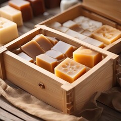 homemade soap from wooden box full of natural solid  soaps