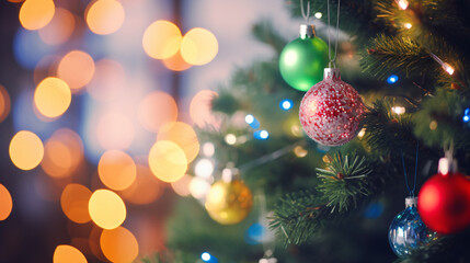 Close up of colorful ball ornaments on Christmas tree with bokeh background. New Year concept