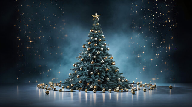 Decorated Fantasy Christmas tree with misty dark background. New Year holidays concept
