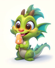 Fototapeta premium Сute green little dragon eats ice cream.