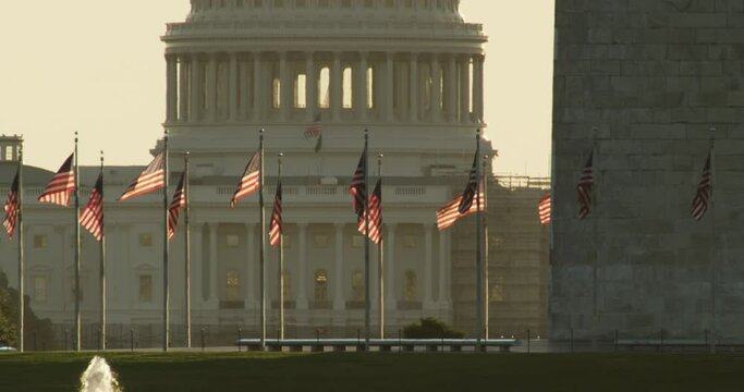 US Capitol Dome with Washington Monument and Flags in Foreground